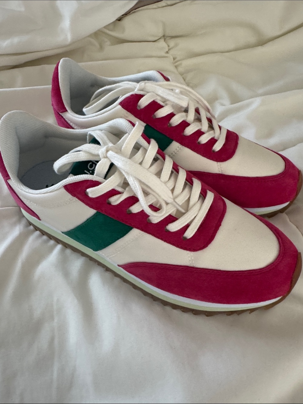 White Sneakers with Fuchsia and Green Accent Stripe